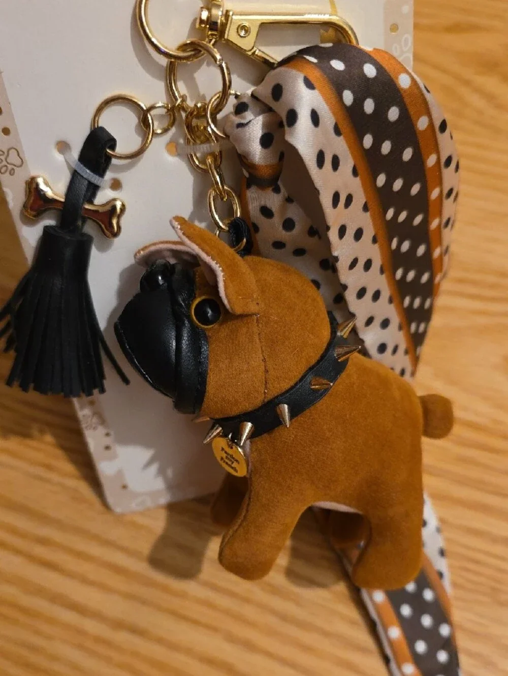 piper·k French Bull Dog Bag Charm with Black Tassel and Dotted Scarf